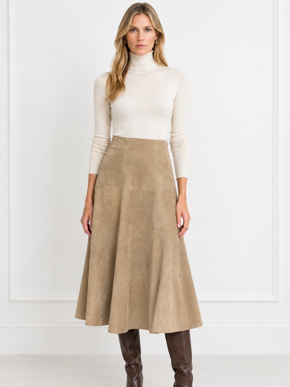 H&M 100% Genuine Suede Leather A-Line Midi Skirt in Tan Quiet Luxury US 4/6